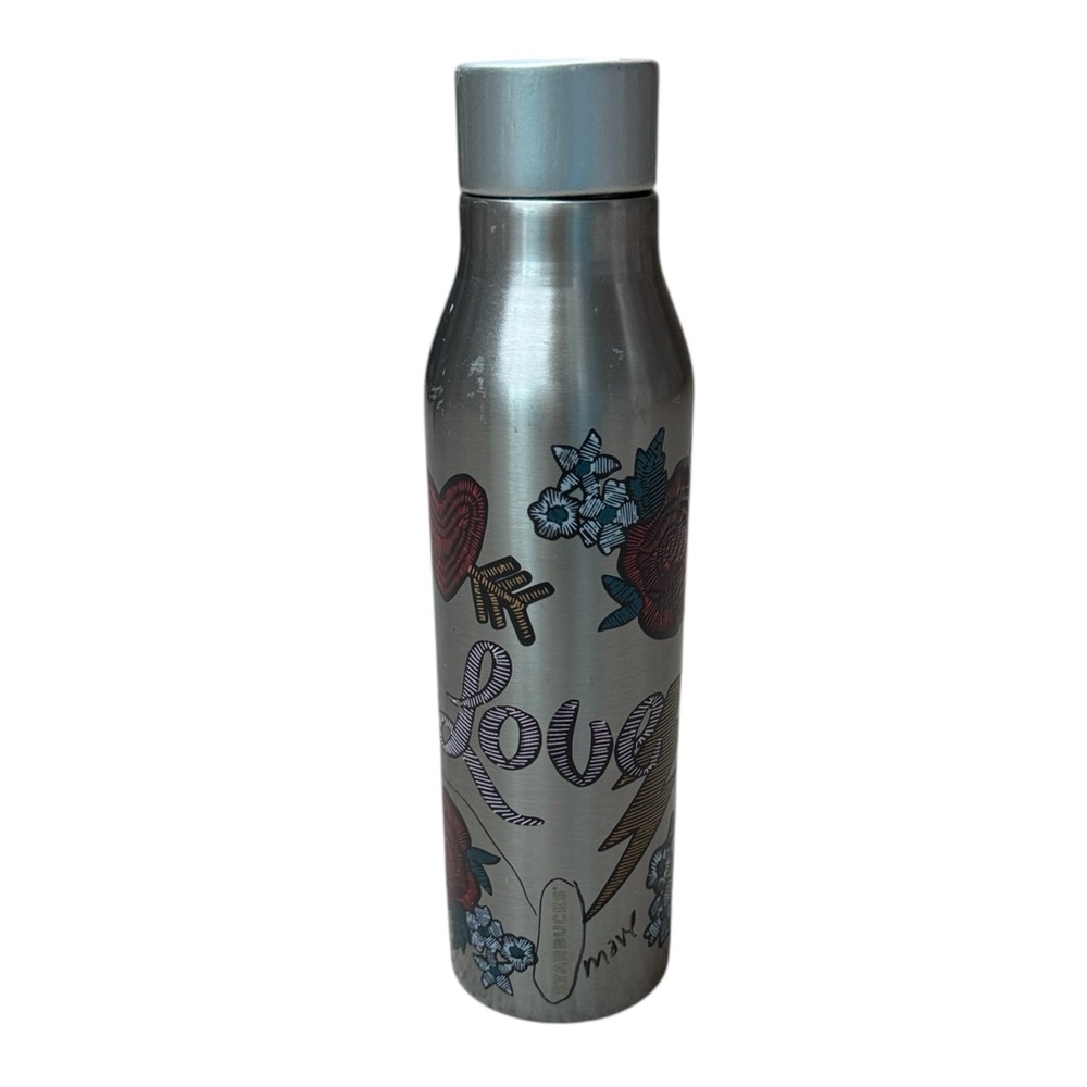 Starbucks Love Tattoo Stitch Stainless Steel Water Bottle Gray Floral 17 oz